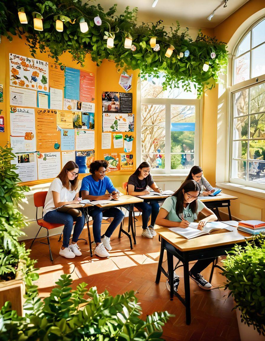 A vibrant university campus scene featuring diverse students engaged in cheerful learning activities, surrounded by blooming greenery and inspirational quotes on walls, showcasing their personal growth. Bright sunlight illuminating the happy expressions of students collaborating and laughing. Artistic touches like books, coffee cups, and art supplies scattered around. 3D effect. vibrant colors. sunny atmosphere.