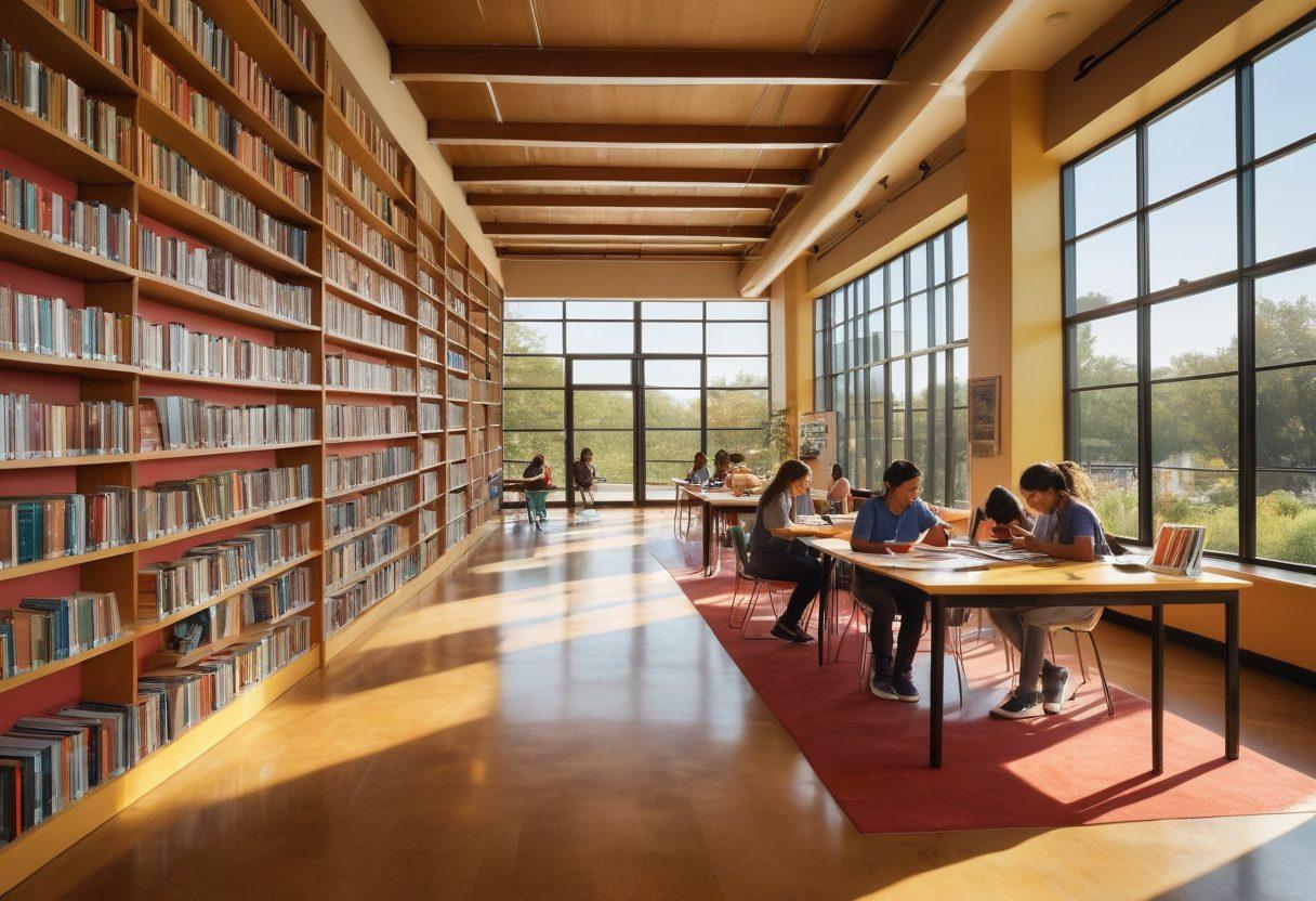 An inviting library with tall shelves filled with colorful books, in the foreground a group of diverse students engaged in various extracurricular activities like painting, sports, and science experiments. The setting should radiate warmth and camaraderie, with a sunlit atmosphere symbolizing personal growth. A subtle pathway connects the library to an outdoor garden, representing the journey from knowledge to real-world connections. vibrant colors. super-realistic.