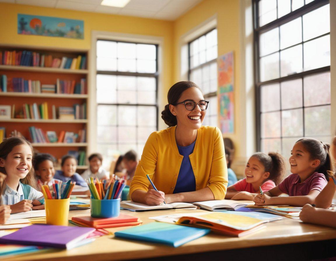 A vibrant classroom filled with diverse students engaged in joyful learning activities, colorful books and art supplies scattered around, a smiling teacher guiding them, light streaming through windows, portraying enthusiasm and creativity in education. bright colors. super-realistic. inspirational.